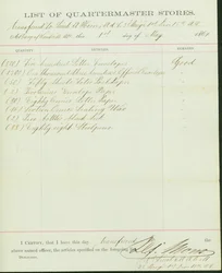 Listet Gegenstände auf, die an Leutnant A. Horn übertragen wurden